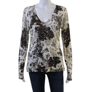 Tse Women Beige 100% Cashmere V-Neck Geometric Long Sleeve Sweater Army Size L